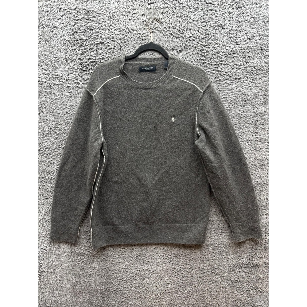 All Saints Logo Wool Blend Strike Crewneck Pullover Sweater Gray Mens Size M